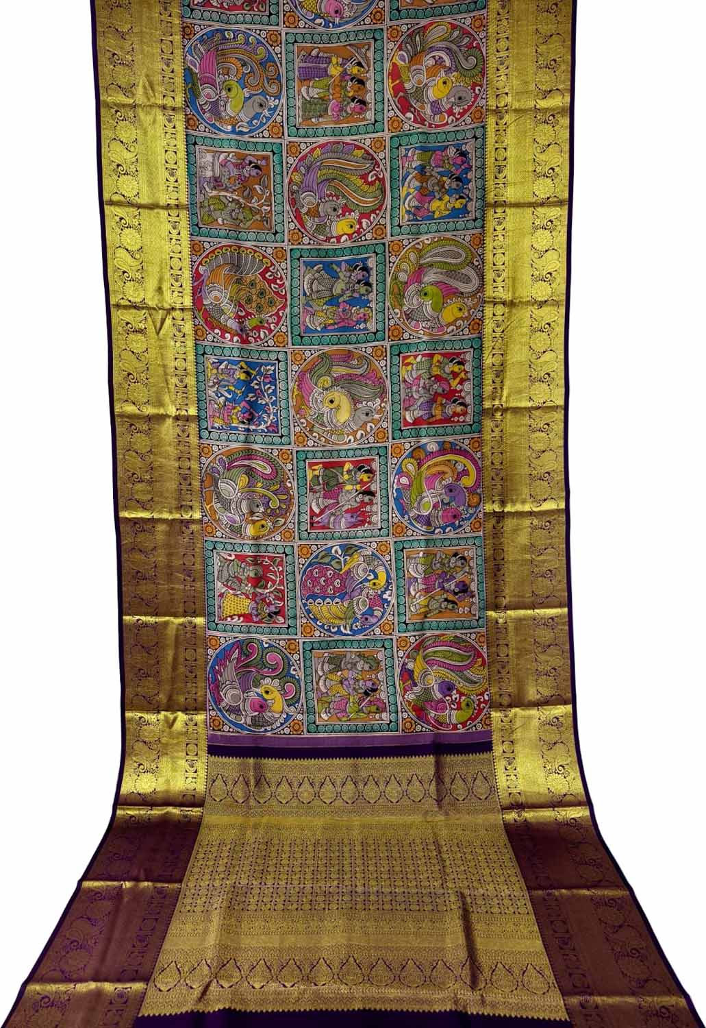 Multicolor Pure Kanjeevaram Silk With Pen Kalamakari Hand Painted Saree - Luxurion World