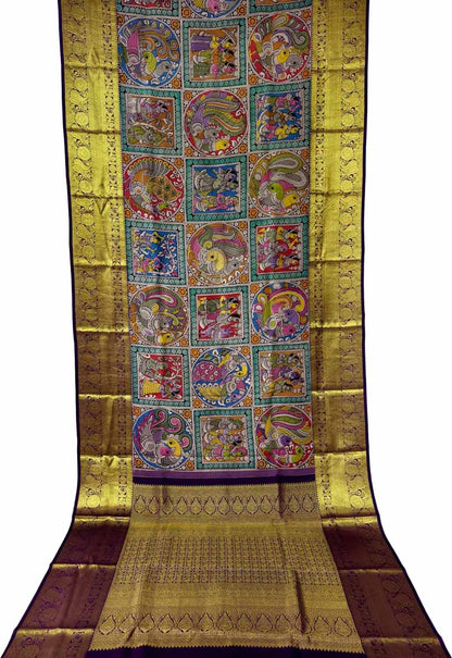 Multicolor Pure Kanjeevaram Silk With Pen Kalamakari Hand Painted Saree - Luxurion World