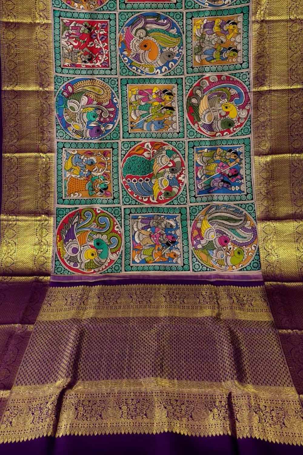 Multicolor Pure Kanjeevaram Silk With Pen Kalamakari Hand Painted Saree - Luxurion World