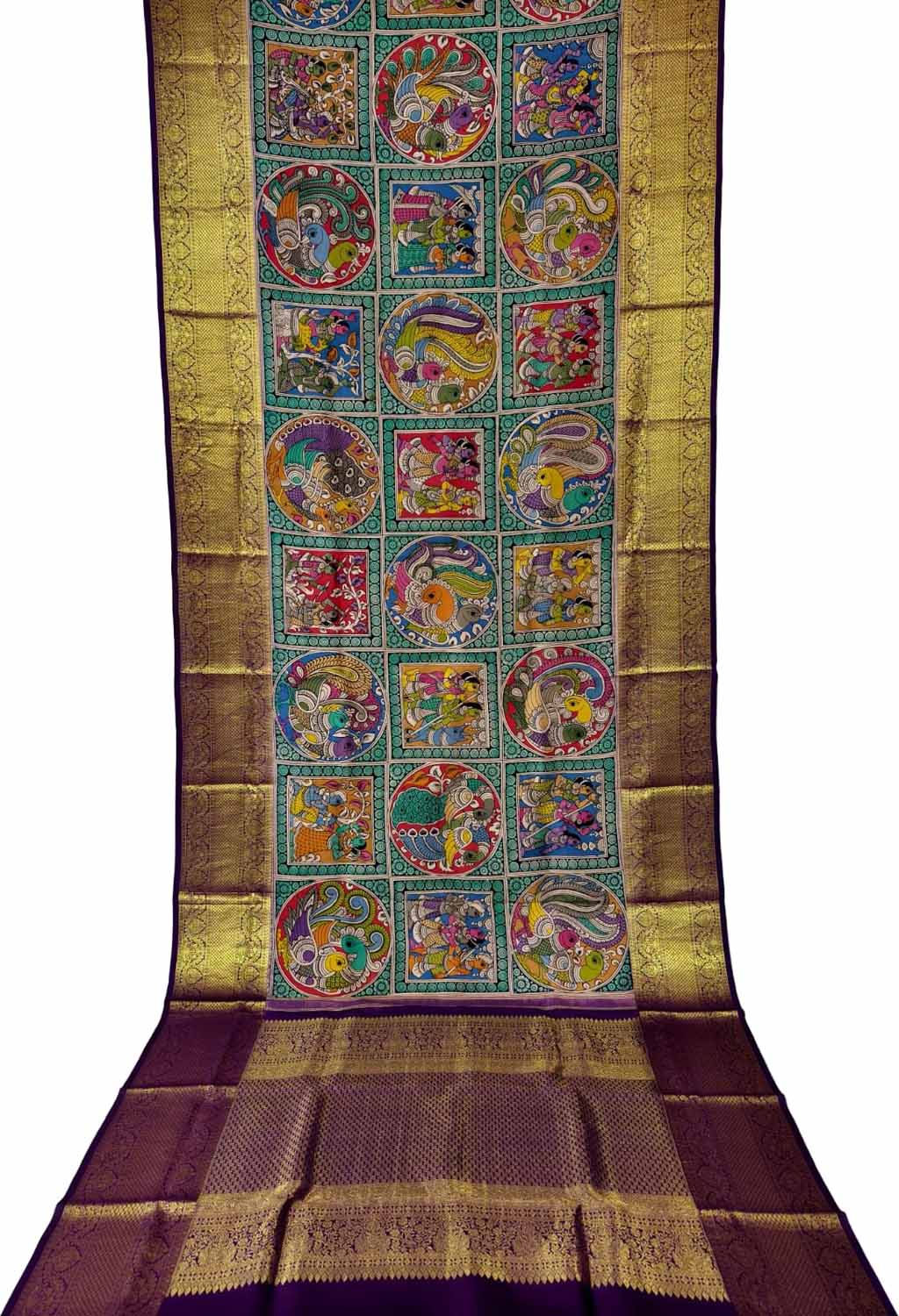 Multicolor Pure Kanjeevaram Silk With Pen Kalamakari Hand Painted Saree - Luxurion World