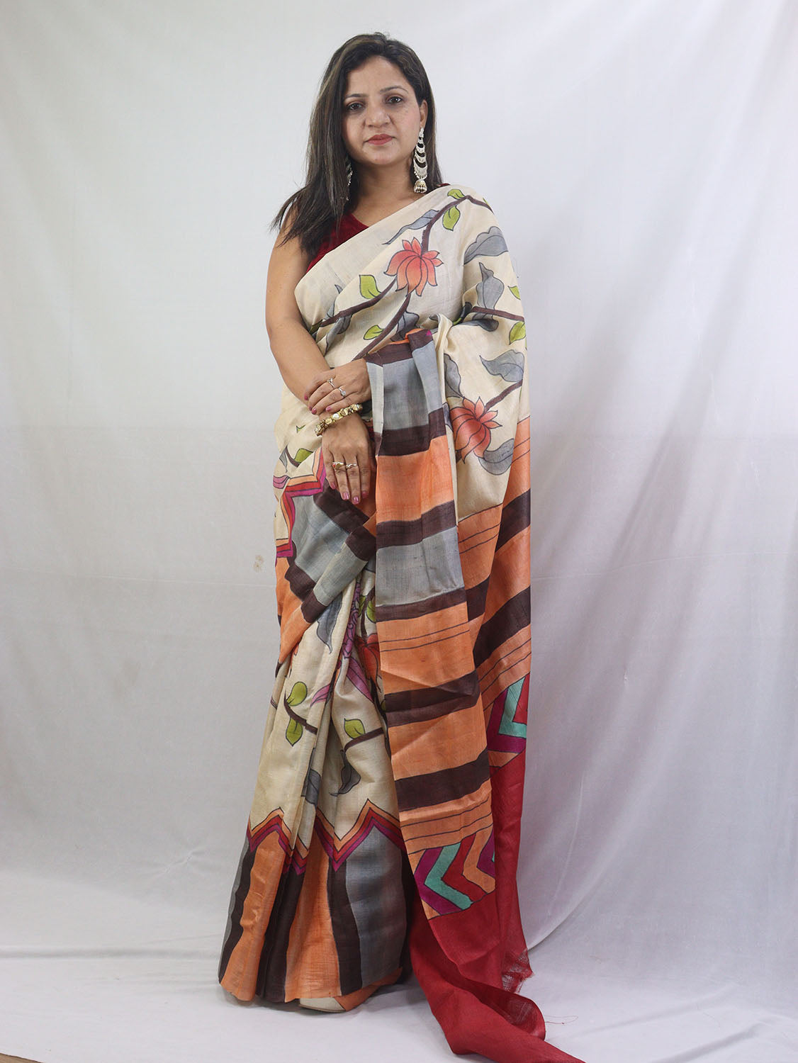 Hand-Painted Kalamkari Tussar Silk Saree in Pastel Hues - Luxurion World