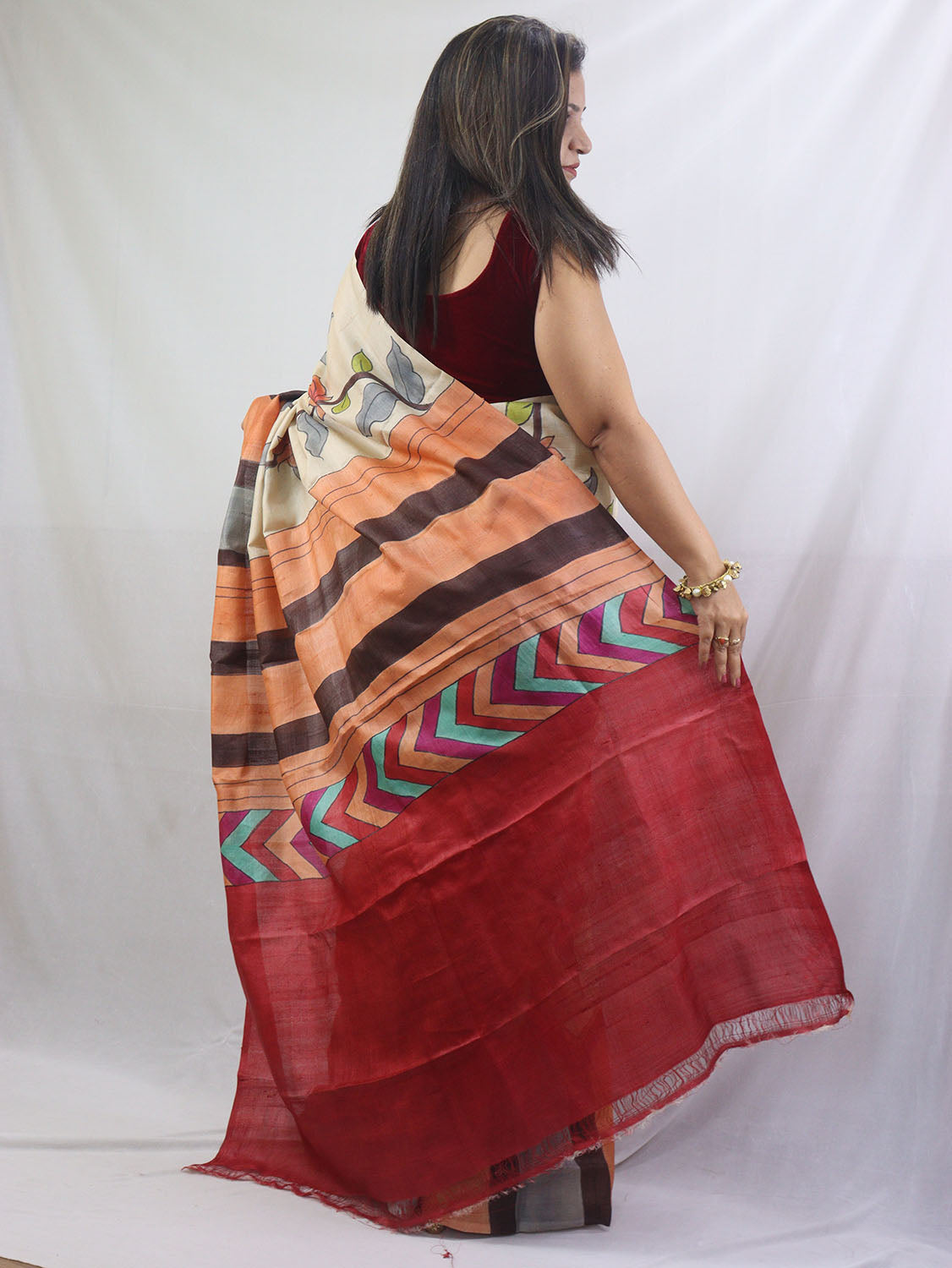 Hand-Painted Kalamkari Tussar Silk Saree in Pastel Hues - Luxurion World