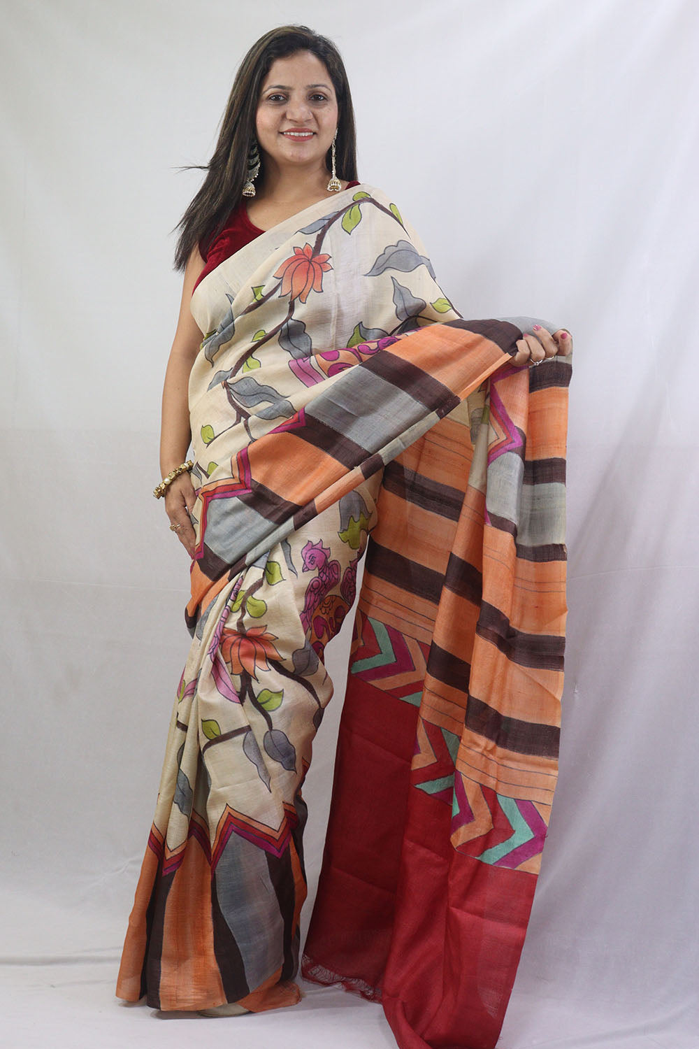 Hand-Painted Kalamkari Tussar Silk Saree in Pastel Hues - Luxurion World