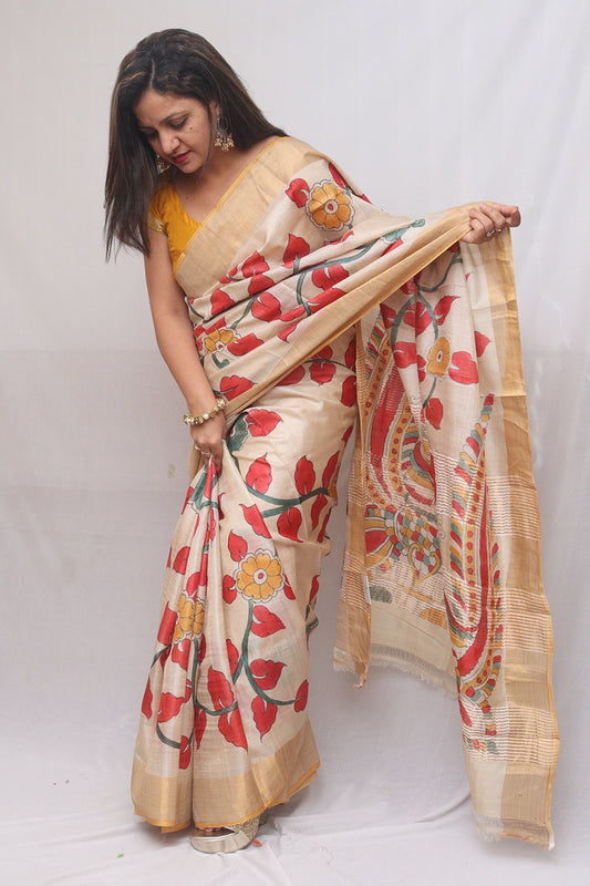 Pastel Kalamkari Tussar Silk Saree: Hand-Painted Elegance
