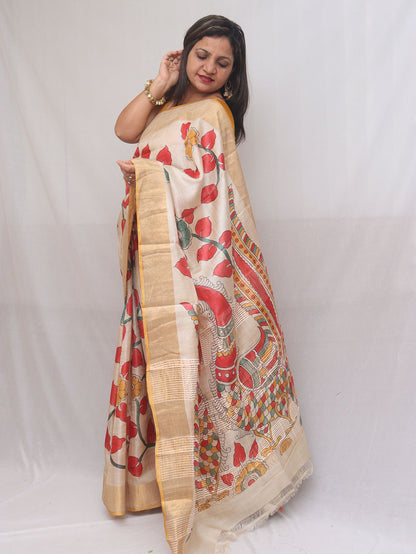 Pastel Kalamkari Tussar Silk Saree: Hand-Painted Elegance - Luxurion World