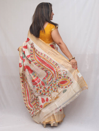 Pastel Kalamkari Tussar Silk Saree: Hand-Painted Elegance - Luxurion World