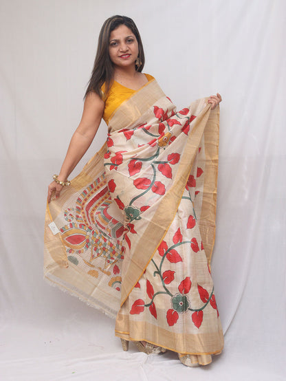 Pastel Kalamkari Tussar Silk Saree: Hand-Painted Elegance - Luxurion World