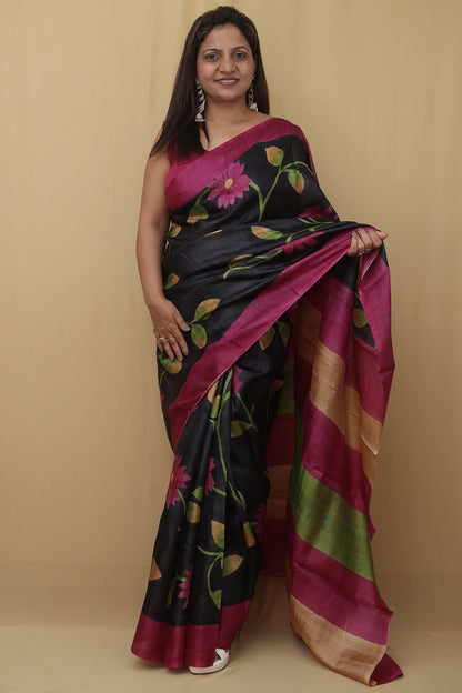 Black Hand Painted Kalamkari Pure Desi Tussar Silk Saree - Luxurion World