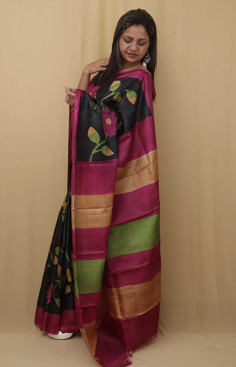 Black Hand Painted Kalamkari Pure Desi Tussar Silk Saree - Luxurion World