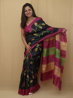 Black Hand Painted Kalamkari Pure Desi Tussar Silk Saree - Luxurion World