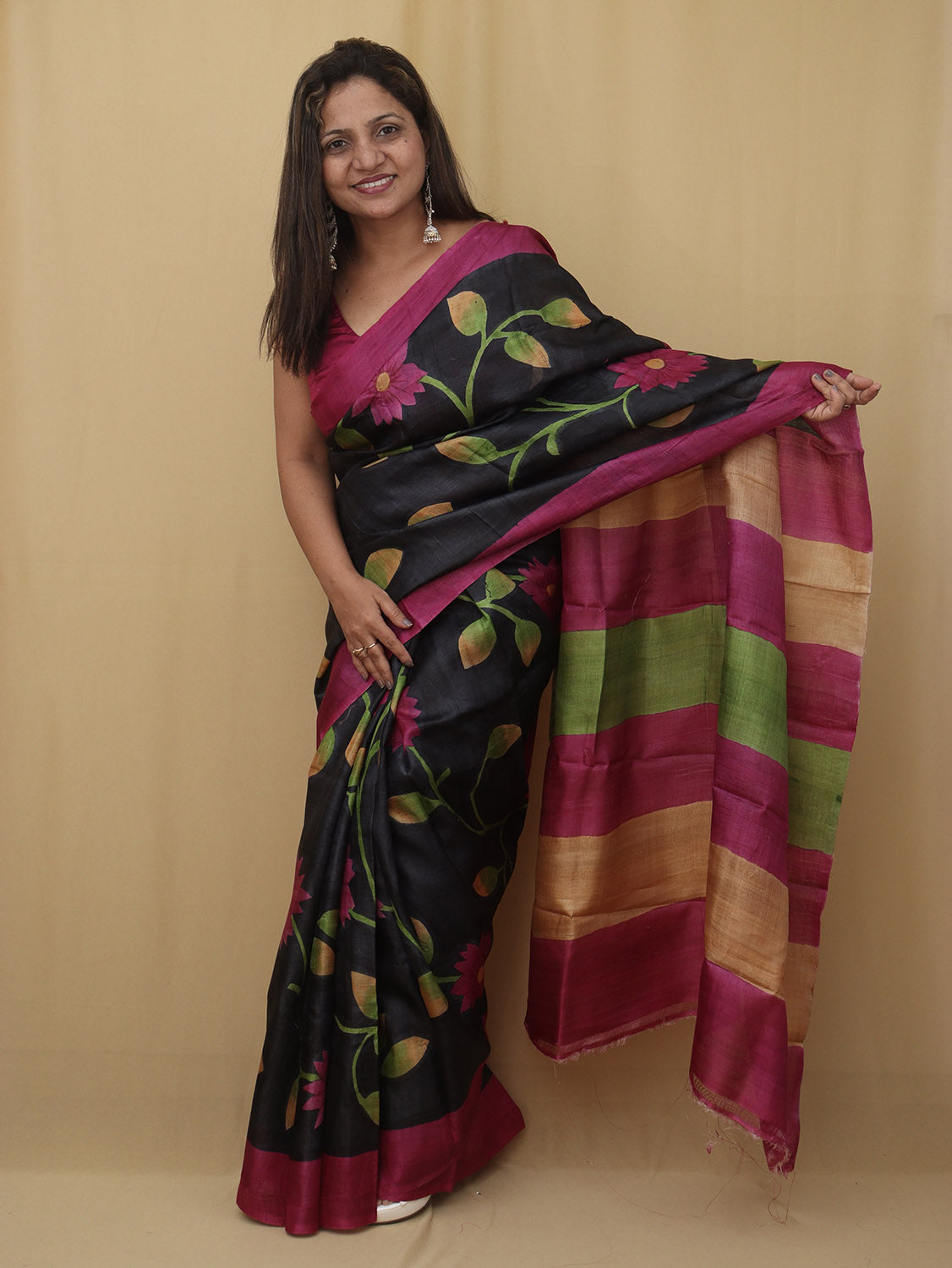 Black Hand Painted Kalamkari Pure Desi Tussar Silk Saree - Luxurion World