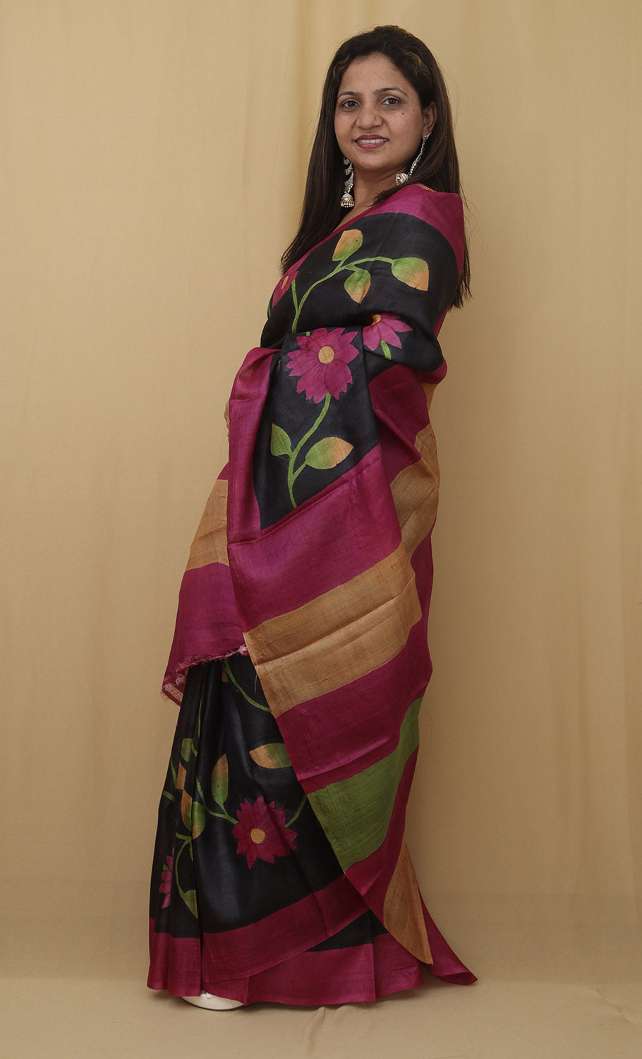 Black Hand Painted Kalamkari Pure Desi Tussar Silk Saree - Luxurion World