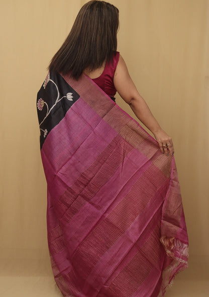 Exquisite Black Kalamkari Tussar Silk Saree - Hand Painted Beauty - Luxurion World