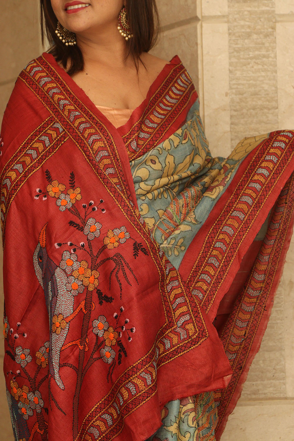 Blue Hand Painted Kalamkari Pure Tussar Silk Saree With Kantha Embroidered Bird And Flower Design - Luxurion World