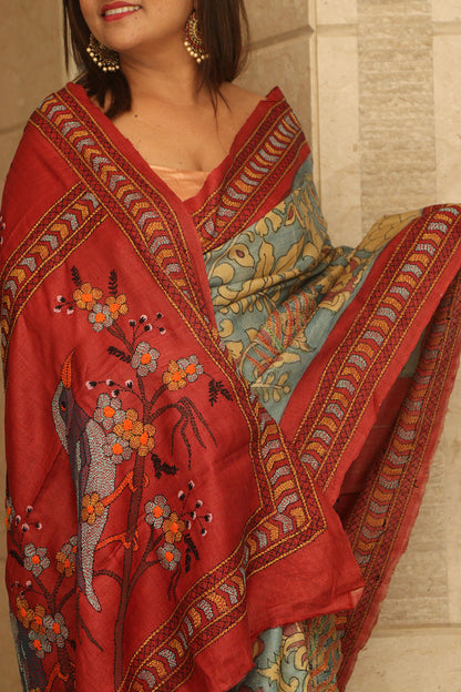 Blue Hand Painted Kalamkari Pure Tussar Silk Saree With Kantha Embroidered Bird And Flower Design - Luxurion World