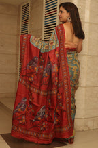 Blue Hand Painted Kalamkari Pure Tussar Silk Saree With Kantha Embroidered Bird And Flower Design - Luxurion World