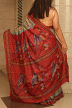 Blue Hand Painted Kalamkari Pure Tussar Silk Saree With Kantha Embroidered Bird And Flower Design - Luxurion World