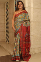 Blue Hand Painted Kalamkari Pure Tussar Silk Saree With Kantha Embroidered Bird And Flower Design - Luxurion World