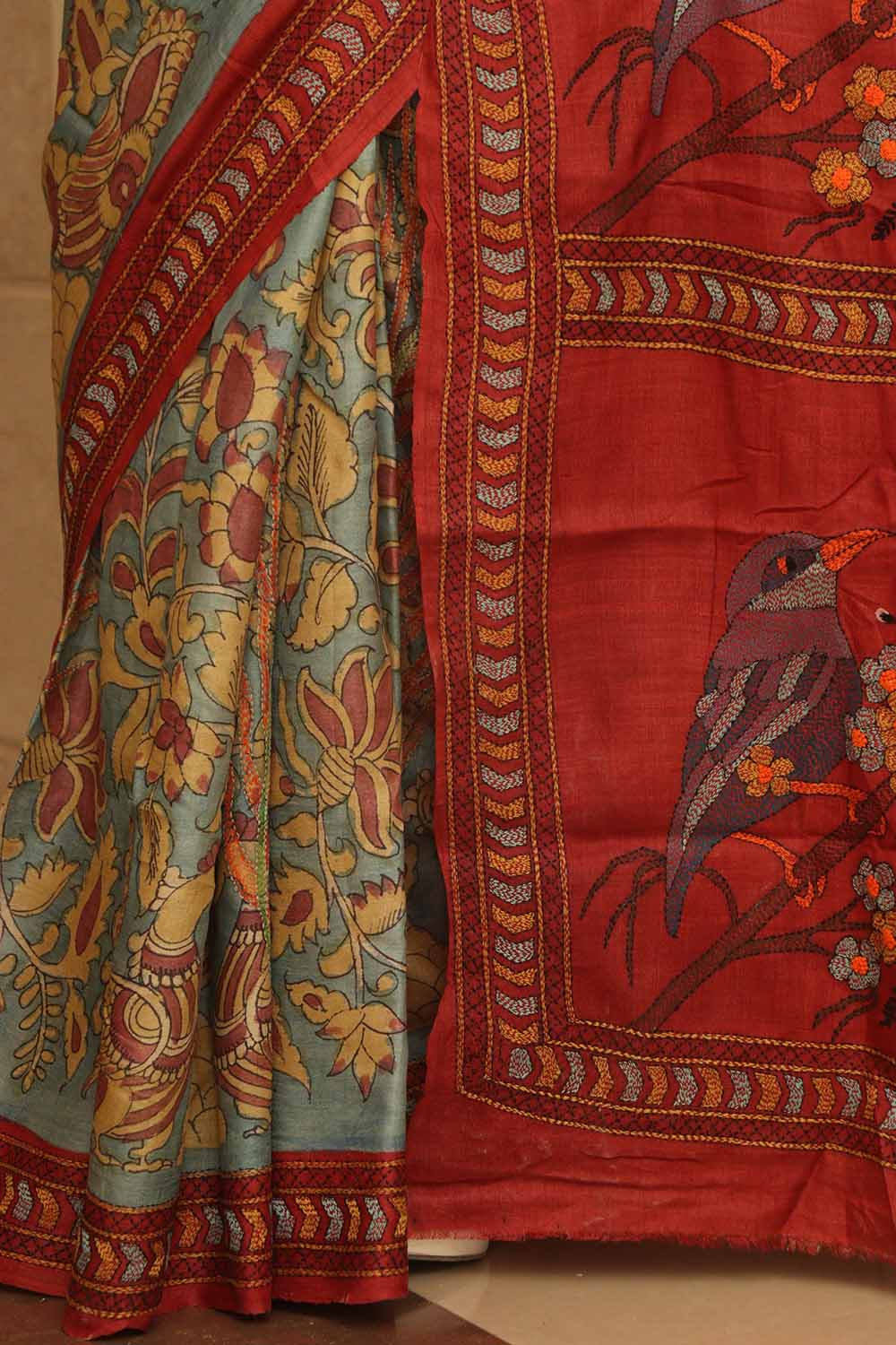 Blue Hand Painted Kalamkari Pure Tussar Silk Saree With Kantha Embroidered Bird And Flower Design - Luxurion World