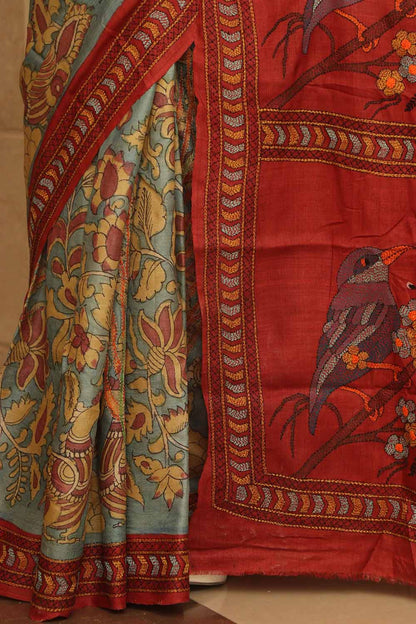 Blue Hand Painted Kalamkari Pure Tussar Silk Saree With Kantha Embroidered Bird And Flower Design - Luxurion World