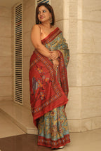 Blue Hand Painted Kalamkari Pure Tussar Silk Saree With Kantha Embroidered Bird And Flower Design - Luxurion World