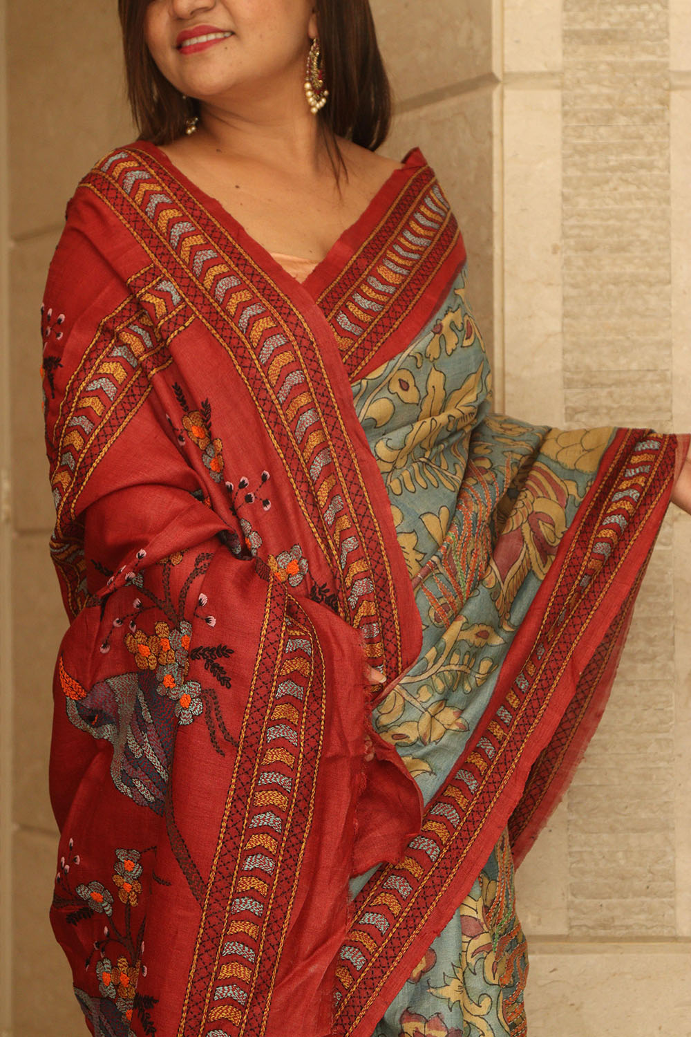 Blue Hand Painted Kalamkari Pure Tussar Silk Saree With Kantha Embroidered Bird And Flower Design - Luxurion World