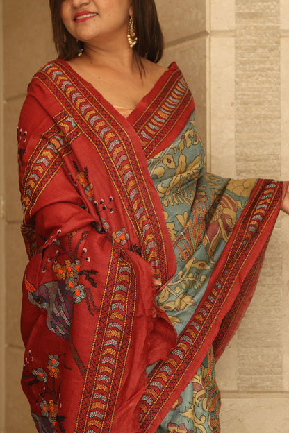 Blue Hand Painted Kalamkari Pure Tussar Silk Saree With Kantha Embroidered Bird And Flower Design - Luxurion World