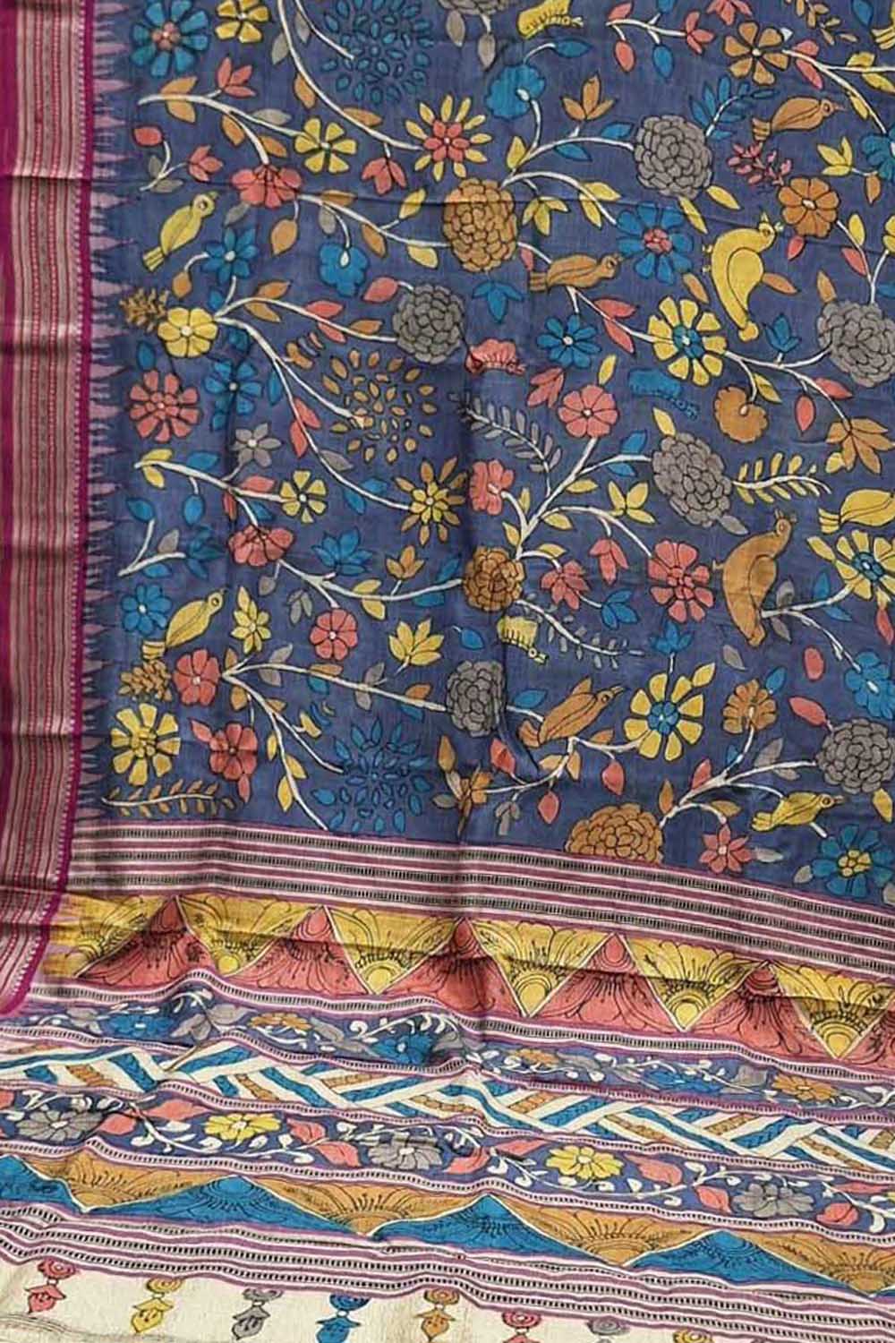 Blue Pure Vidharbha Silk With Pen Kalamakari Saree - Luxurion World