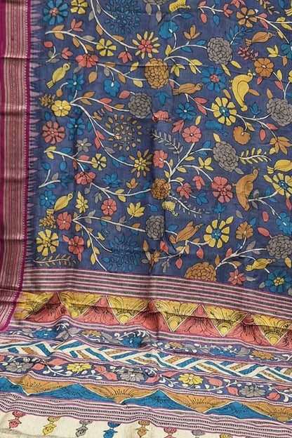 Blue Pure Vidharbha Silk With Pen Kalamakari Saree - Luxurion World