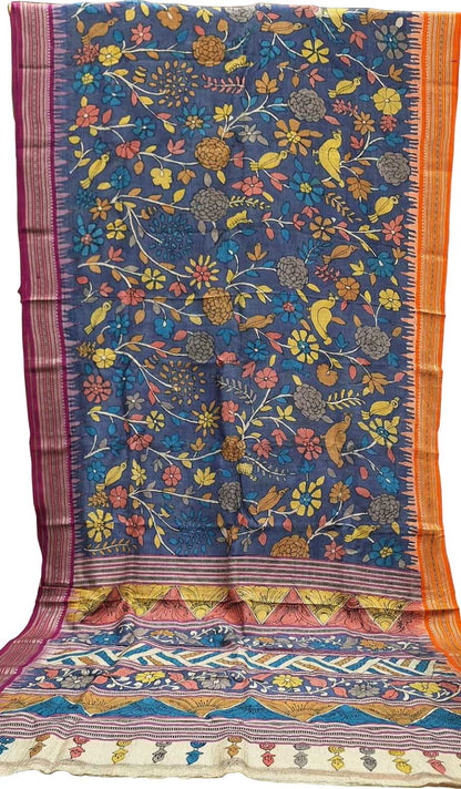 Blue Pure Vidharbha Silk With Pen Kalamakari Saree - Luxurion World