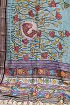 Blue Pure Vidharbha Silk With Pen Kalamakari Saree - Luxurion World