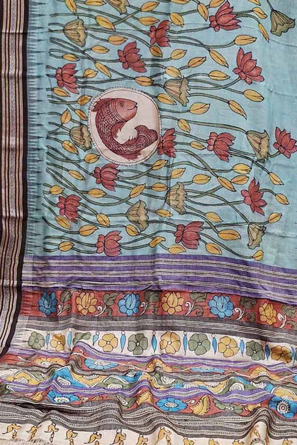 Blue Pure Vidharbha Silk With Pen Kalamakari Saree - Luxurion World