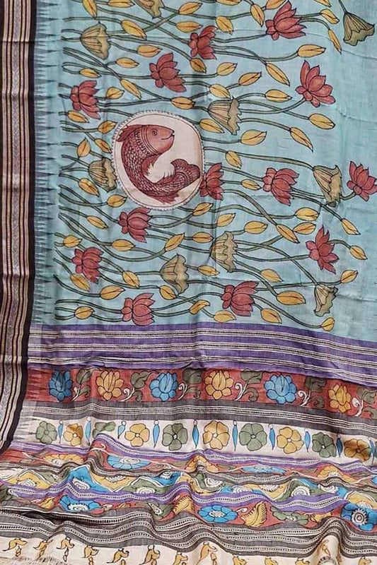 Blue Pure Vidharbha Silk With Pen Kalamakari Saree - Luxurion World