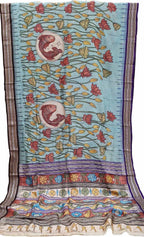 Blue Pure Vidharbha Silk With Pen Kalamakari Saree - Luxurion World