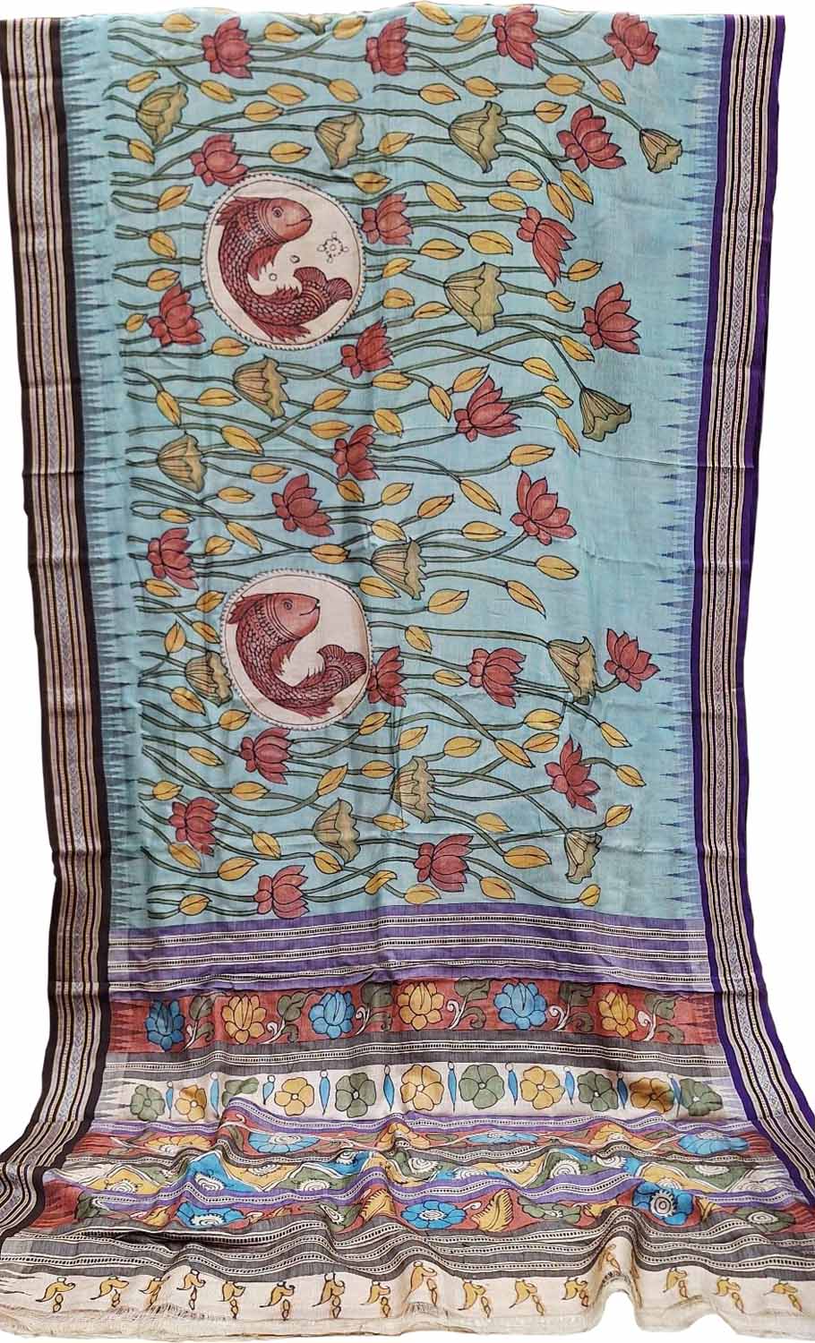 Blue Pure Vidharbha Silk With Pen Kalamakari Saree - Luxurion World