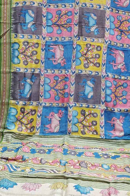 Multicolor Pure Vidharbha Silk With Pen Kalamakari Saree - Luxurion World