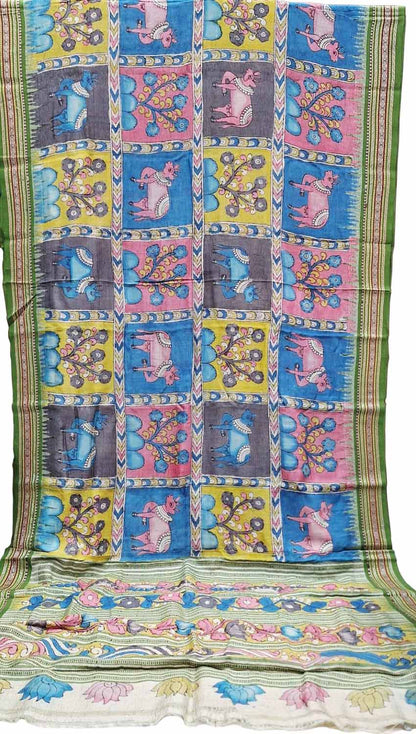 Multicolor Pure Vidharbha Silk With Pen Kalamakari Saree - Luxurion World