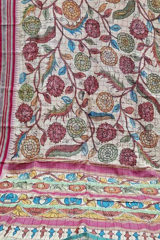 Pastel Pure Vidharbha Silk With Pen Kalamakari Saree - Luxurion World