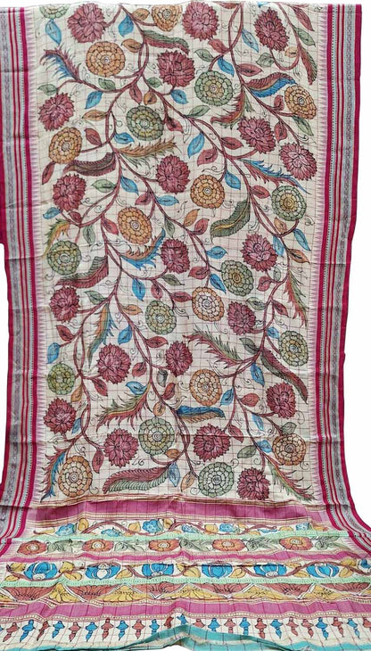 Pastel Pure Vidharbha Silk With Pen Kalamakari Saree - Luxurion World