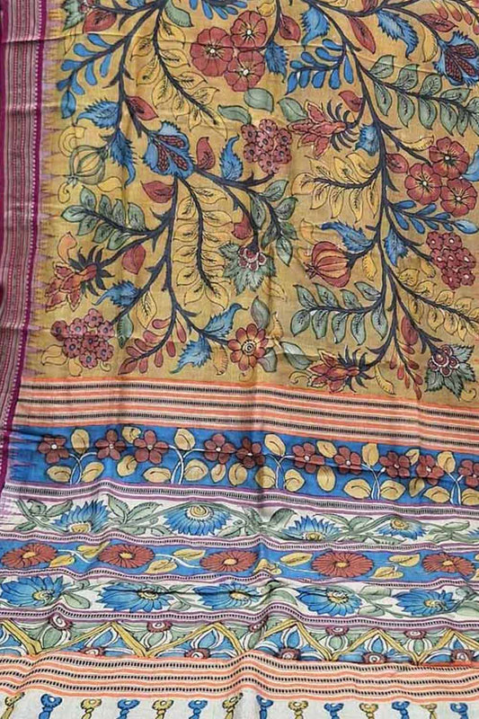 Yellow Pure Vidharbha Silk With Pen Kalamakari Saree - Luxurion World