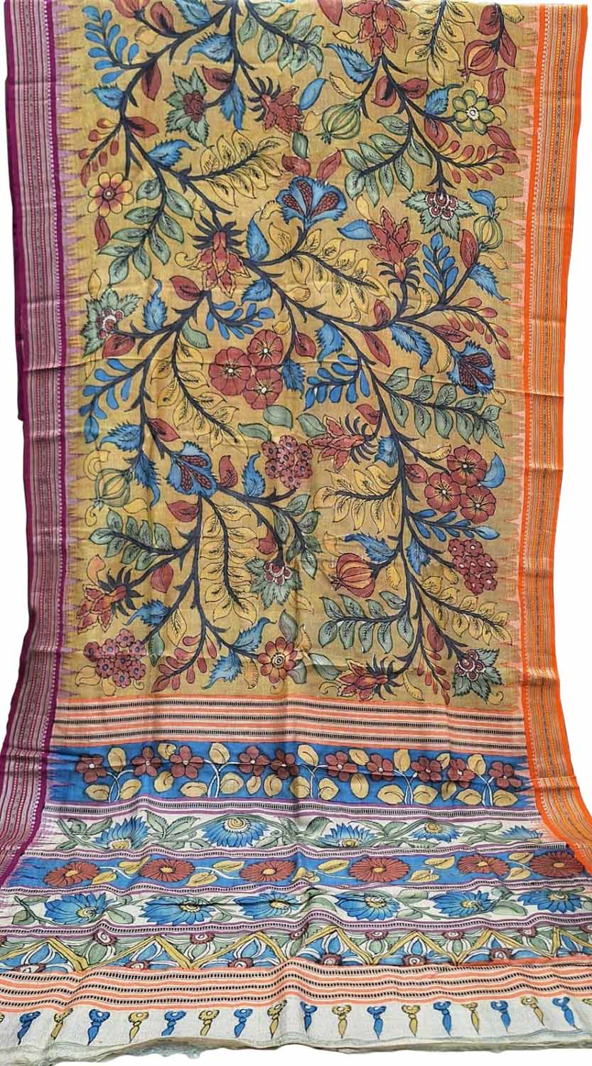 Yellow Pure Vidharbha Silk With Pen Kalamakari Saree - Luxurion World