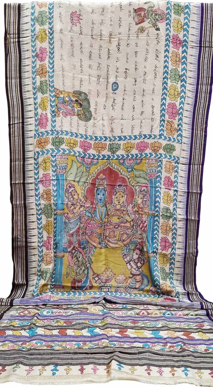 Multicolor Pure Vidharbha Silk With Pen Kalamakari Saree - Luxurion World