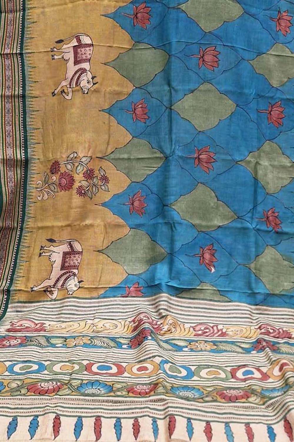 Multicolor Pure Vidharbha Silk With Pen Kalamakari Saree - Luxurion World