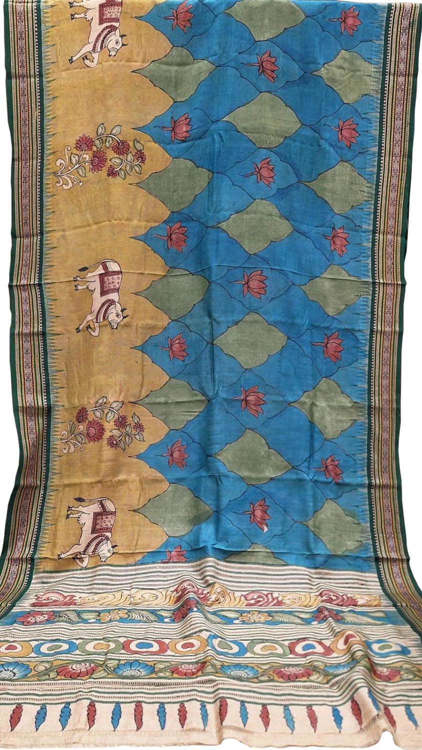 Multicolor Pure Vidharbha Silk With Pen Kalamakari Saree - Luxurion World