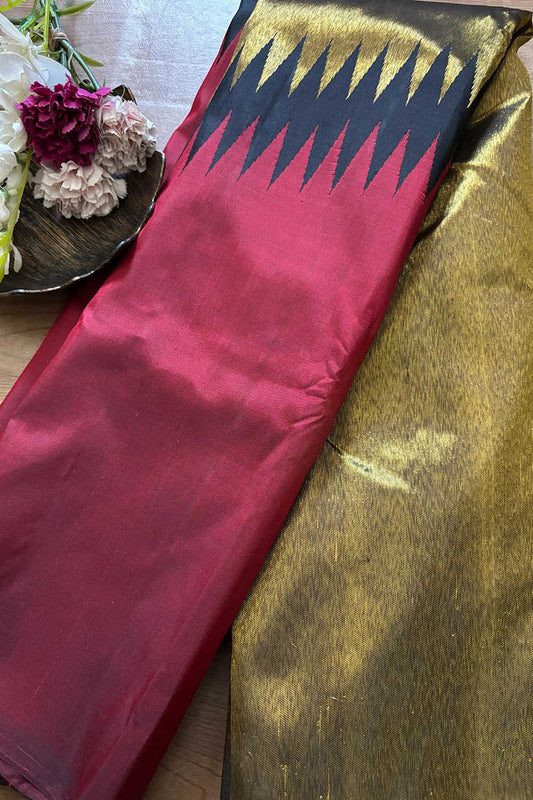 Golden & Maroon Kanjeevaram Pure Silk Saree - Handloom Craftsmanship - Luxurion World