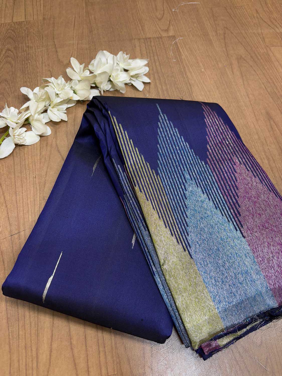 Blue Handloom Kanjeevaram Silk Saree with Temple Border - Luxurion World