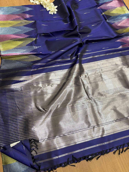 Blue Handloom Kanjeevaram Silk Saree with Temple Border - Luxurion World