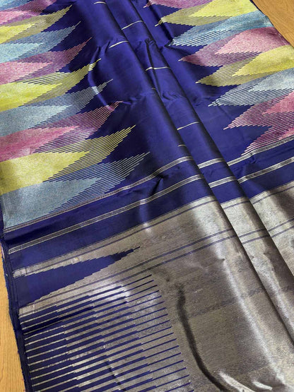 Blue Handloom Kanjeevaram Silk Saree with Temple Border - Luxurion World
