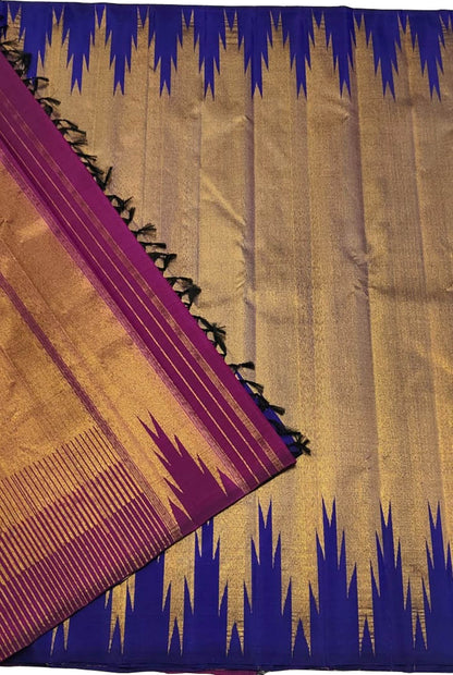 Golden & Blue Handloom Kanjeevaram Silk Saree - Luxurion World