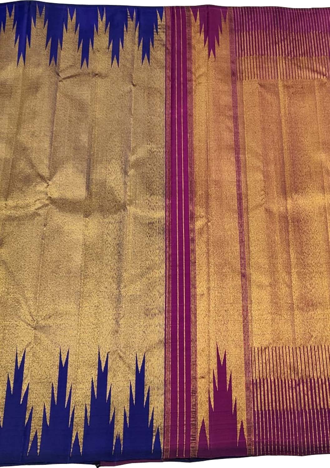 Golden & Blue Handloom Kanjeevaram Silk Saree - Luxurion World